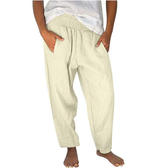 Lmnyox Summer Casual Pants for Women Elastic High Waist Lounge Pants with Pocket Lightweight Beach Pants