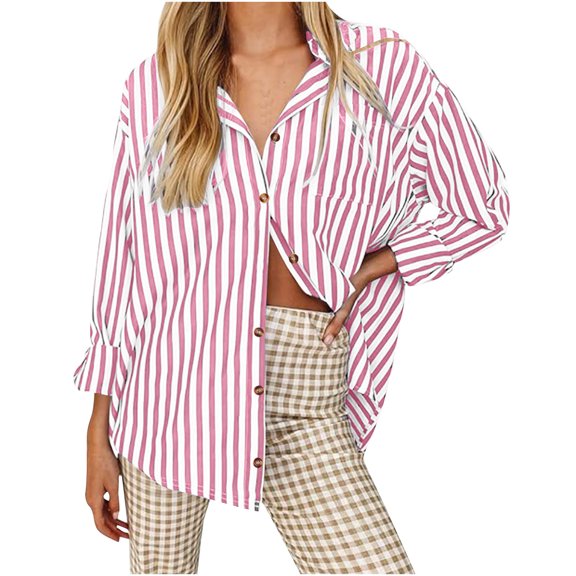 Lmnyox Summer Fall Striped Shirt for Women Long Sleeve Button Down Blouses Casual Business Tops Work Clothes