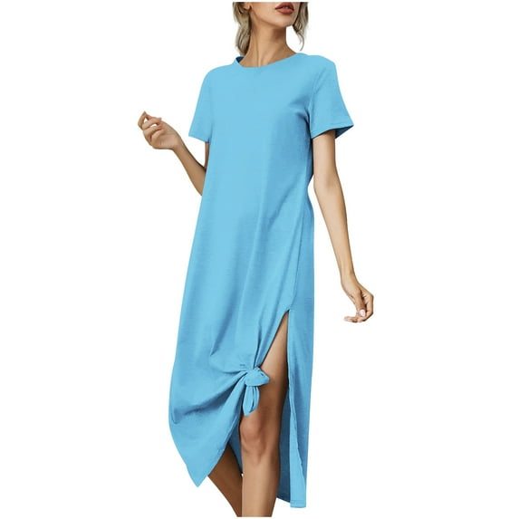 Lmnyox Summer Fashion Dress for Women Short Sleeve Crew Neck Maxi Dress Casual Flowy Long Dress
