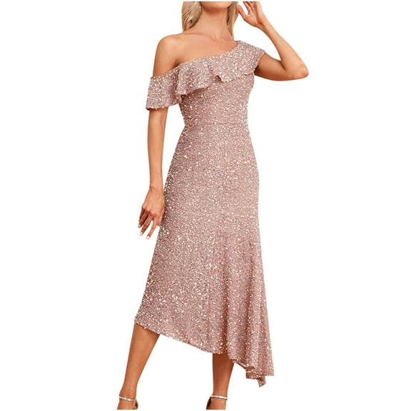 Lmnyox Summer Fashion Midi Dress for Women Flowy One Shoulder Dress Cocktail Party Club Dress