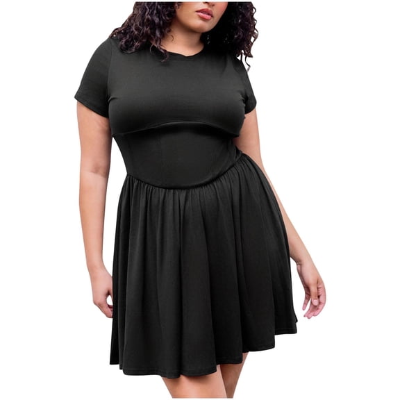 Lmnyox Summer Plus Size Dress for Women Short Sleeve High Waist Mini Dress Wedding Guest Dress