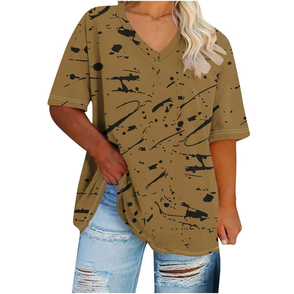 Lmnyox Summer Plus Size T Shirt for Women XL-5XL Loose Short Sleeve V Neck Shirts Casual Fashion Print Oversized Tee