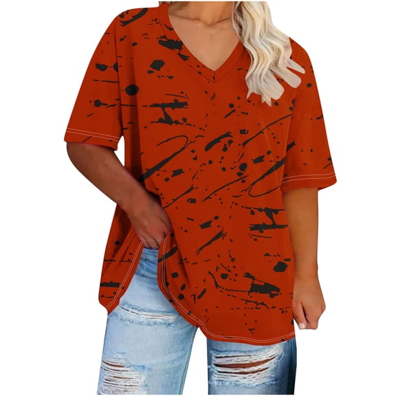 Lmnyox Summer Plus Size T Shirt for Women XL-5XL Loose Short Sleeve V Neck Shirts Casual Fashion Print Oversized Tee