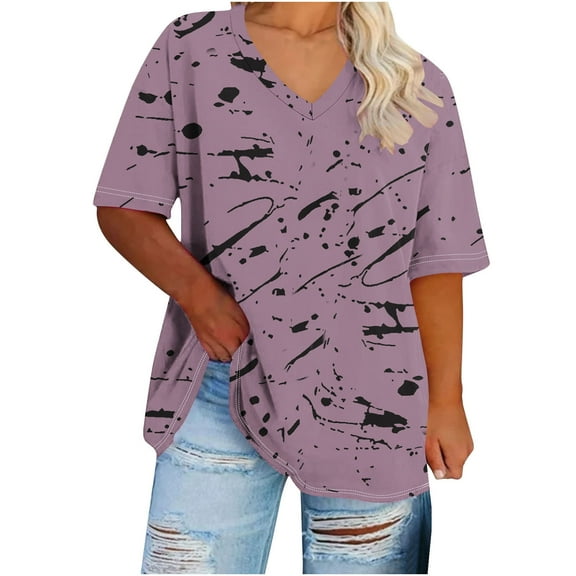 Lmnyox Summer Plus Size T Shirt for Women XL-5XL Loose Short Sleeve V Neck Shirts Casual Fashion Print Oversized Tee