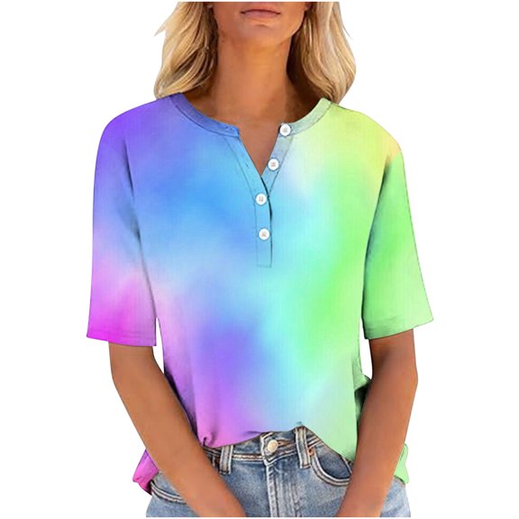 Lmnyox Summer Shirts for Women Short Sleeve V Neck Button Blouses Loose Casual T Shirt Trendy Clothes