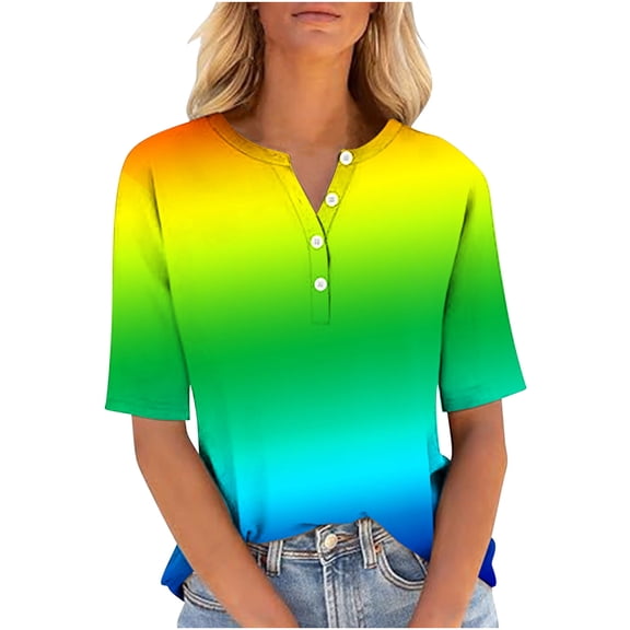 Lmnyox Summer Shirts for Women Short Sleeve V Neck Button Blouses Loose Casual T Shirt Trendy Clothes