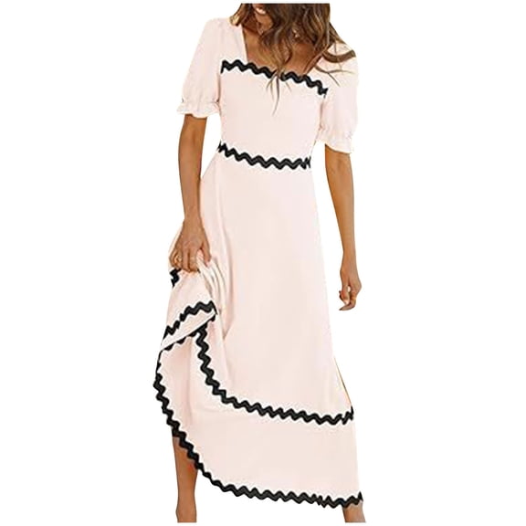Lmnyox Summer Short Sleeve Maxi Dress for Women Flowy Square Neck Long Dress Casual A Line Dress