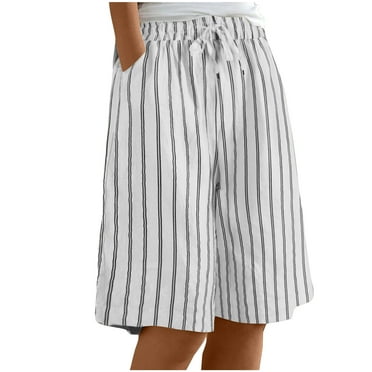Lmnyox Summer Striped Shorts for Women Wide Leg Elastic Waist Shorts with Pocket Loose Casual Short Pants
