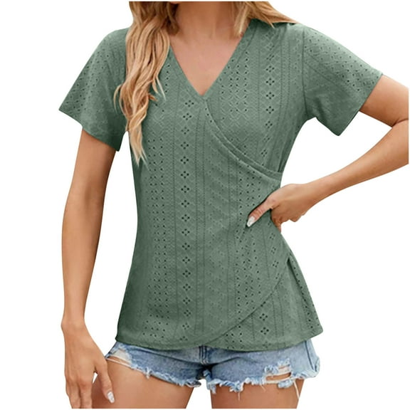 Lmnyox Summer T Shirt for Women Short Sleeve V Neck Tops Lightweight Casual Eyelet Basic Tees Fashion Clothes