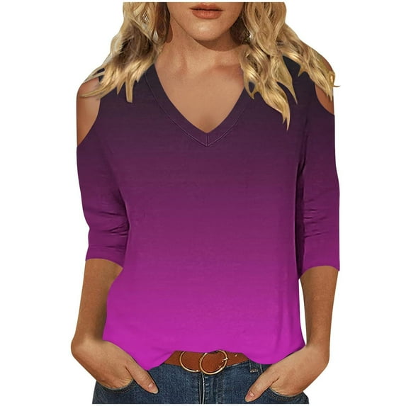 Lmnyox Summer Trendy Cold Shoulder T Shirt 3/4 Sleeve V Neck Tunic Tops Loose Casual Shirts Trendy