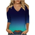 thumbnail image 1 of Lmnyox Summer Trendy Cold Shoulder T Shirt 3/4 Sleeve V Neck Tunic Tops Loose Casual Shirts Trendy, 1 of 5