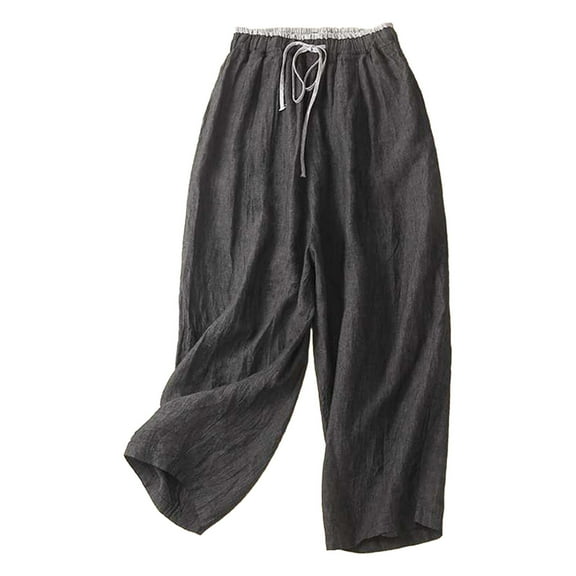 Lmnyox Summer Wide Leg Capris for Women Flowy Drawstring Cotton Linen Crop Pants Loose Casual Capris with Pocket