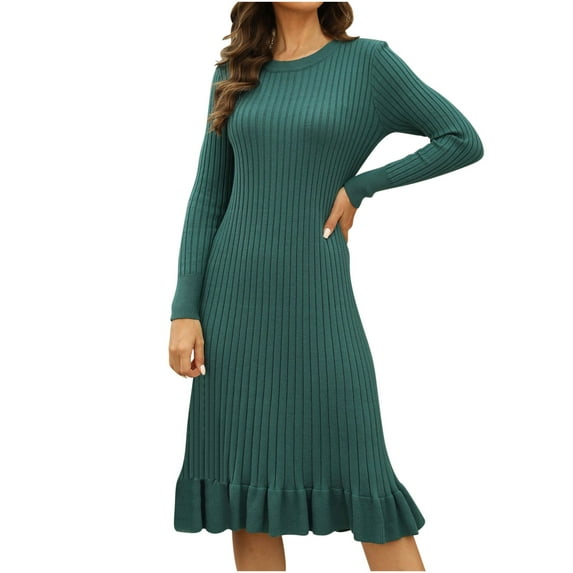 Lmnyox Sweater Dress for Women Ribbed Knit Long Sleeve Crew Neck Dress Fall Winter Casual A Line Midi Dress