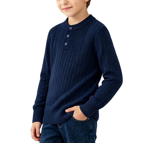 Lmnyox Sweaters for Kids Fall Winter Solid Color Button Crew Neck Pullover Long Sleeve Knitted Sweater Tops