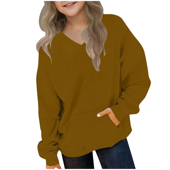 Lmnyox Sweatshirts for Kids Loose Plain V Neck Long Sleeve Pullover Casual Workout Tops with Pockets