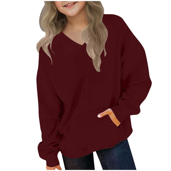 Lmnyox Sweatshirts for Kids Loose Plain V Neck Long Sleeve Pullover Casual Workout Tops with Pockets