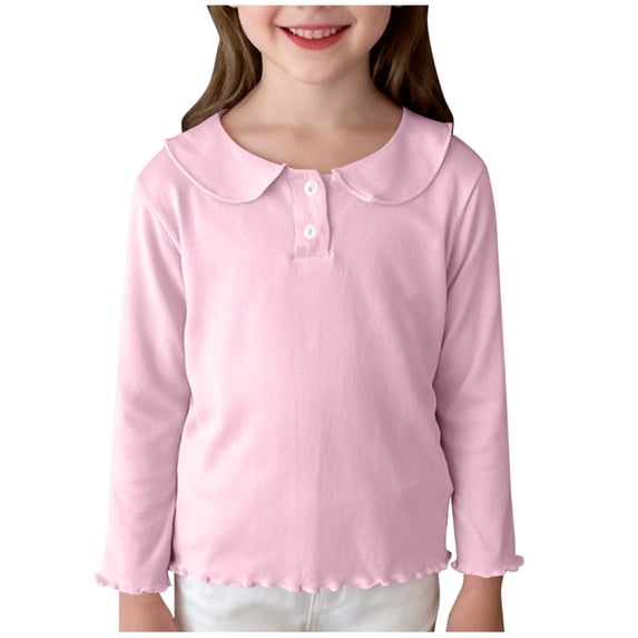 Lmnyox T-Shirts for Girls Ruffle Trim Solid Color Button Collared Long Sleeve Pullover Casual Basic Shirts