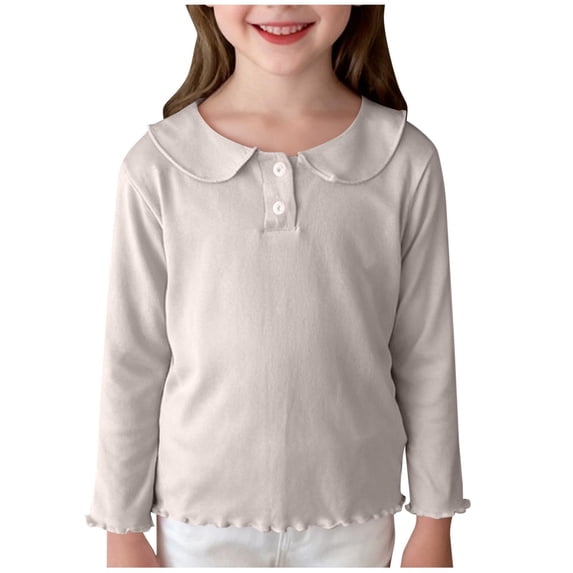 Lmnyox T-Shirts for Girls Ruffle Trim Solid Color Button Collared Long Sleeve Pullover Casual Basic Shirts