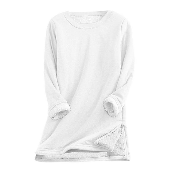 Lmnyox Thermal Long Pullover for Women Solid Long Sleeve Side Slit Sweatshirts Fleece Lined Crew Neck Shirts