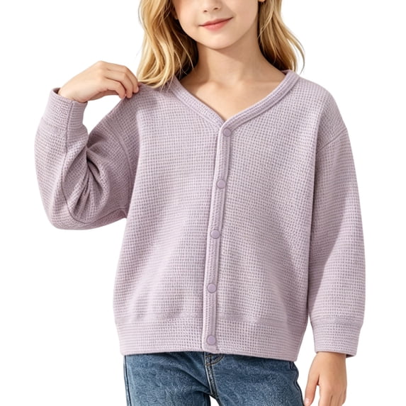 Lmnyox Toddler Kid's Shirts Textured Loose Plain Button Down V Neck Cardigan Lightweight Long Sleeve Tops