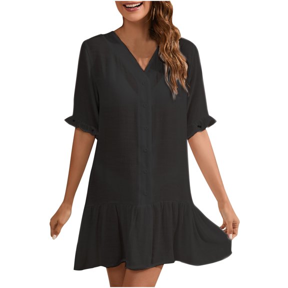 Lmnyox Tunic Shirt Dress for Women Long Sleeve Short Dress Button Up Ruffle Flowy Casual Dress