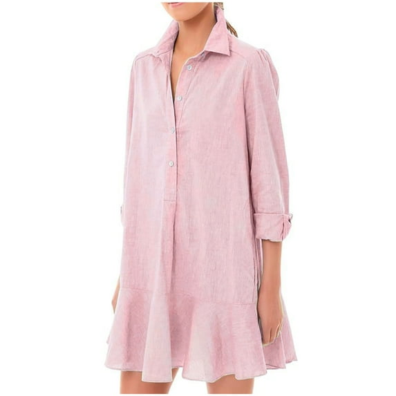 Lmnyox Tunic Shirt Dress for Women Long Sleeve Short Dress Button Up Ruffle Flowy Casual Dress