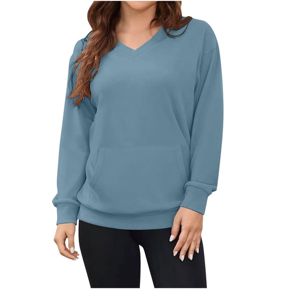 Lmnyox V Neck Pullover Tops for Women Basic Long Sleeve Fashion Solid Sweatshirts Fall Casual Shirts Clothes