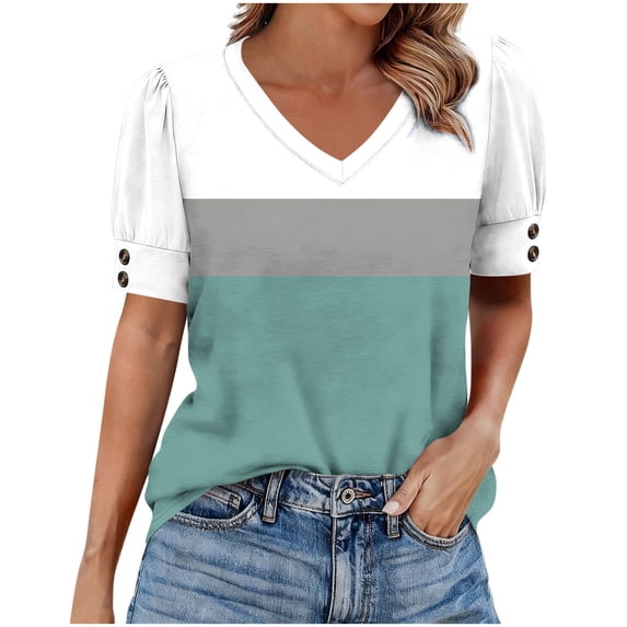 Lmnyox V Neck Shirt Womens Casual Fashion Short Sleeve Print T Shirt Color Block Trendy Loose Blouses Summer Tops