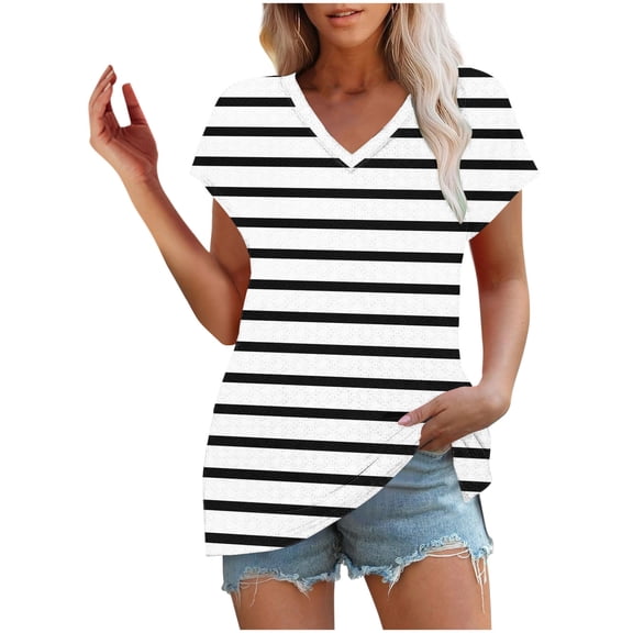 Lmnyox V Neck Striped T Shirt for Women Short Sleeve Dropped Shoulder Eyelet Tee Summer Casual Fashion Tops