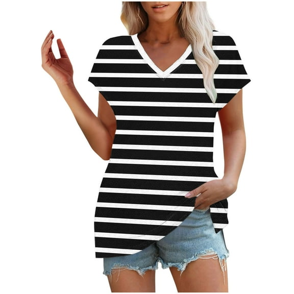 Lmnyox V Neck Striped T Shirt for Women Short Sleeve Dropped Shoulder Eyelet Tee Summer Casual Fashion Tops