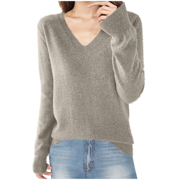 Lmnyox V Neck Sweaters for Women Lightweight Long Sleeve Knitted Shirts Solid Casual Fall Winter Sweater Tops