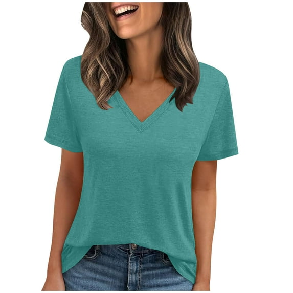 Lmnyox V Neck T Shirt Women's Basic Solid Color Short Sleeve Tee Shirt Casual Loose Summer Tops Clothes