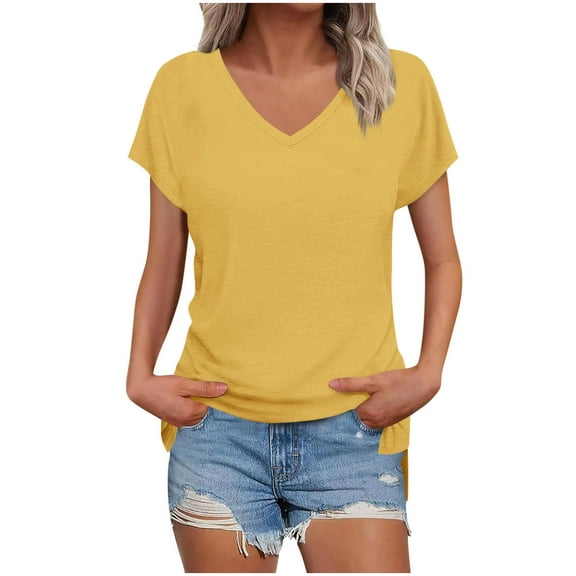 Lmnyox V Neck T Shirt for Women Short Sleeve Casual Loose Summer Shirts Solid Color Fashion Basic Tees Tops