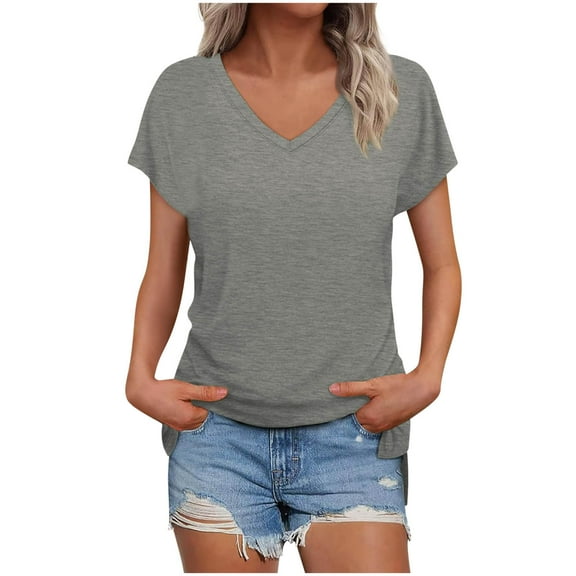 Lmnyox V Neck T Shirt for Women Short Sleeve Casual Loose Summer Shirts Solid Color Fashion Basic Tees Tops