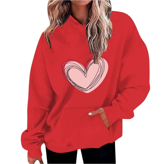 Lmnyox Valentine's Day Hoodies for Women Cute Heart Graphic Long Sleeve Hooded Pullover Valentine's Sweatshirts