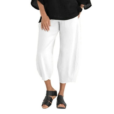 Lmnyox WIde Leg Cotton Linen Capris for Women Elastic Waist Cropped Pants with Pocket Summer Beach Lounge Pants