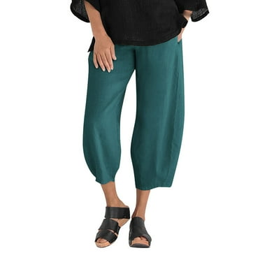 Lmnyox WIde Leg Cotton Linen Capris for Women Elastic Waist Cropped Pants with Pocket Summer Beach Lounge Pants