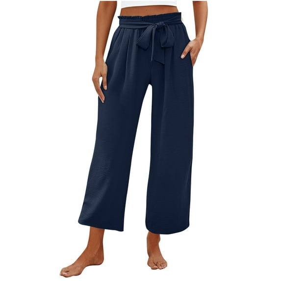 Lmnyox Wide Leg Ankle Pants for Women Comfort Elastic Waist Drawstring Trousers with Pocket Flowy Lounge Pants