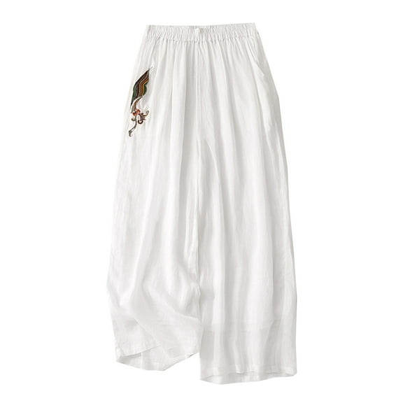Lmnyox Wide Leg Cotton Linen Pants for Women Flowy Elastic Waist Lounge Pants with Pocket Summer Casual Trousers
