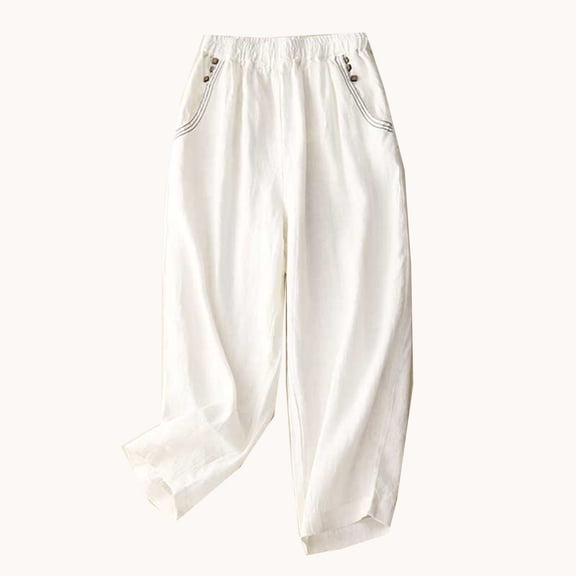 Lmnyox Wide Leg Cotton Linen Pants for Women Flowy Elastic Waist Lounge Pants with Pocket Summer Casual Trousers