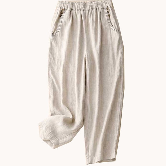 Lmnyox Wide Leg Cotton Linen Pants for Women Flowy Elastic Waist Lounge Pants with Pocket Summer Casual Trousers