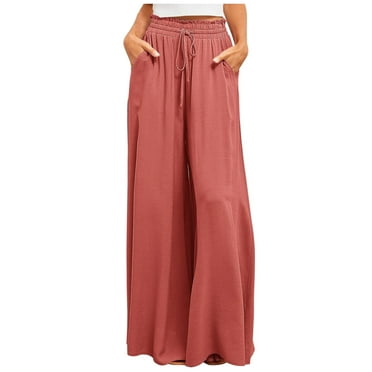 Lmnyox Wide Leg Flowy Pants for Women Elastic High Waist Trousers with Pocket Summer Loose Casual Palazzo Pants