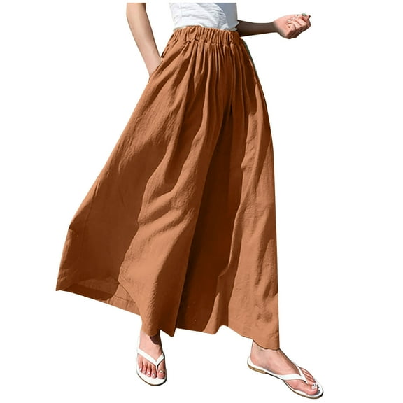 Lmnyox Wide Leg Flowy Pants for Women Elastic High Waist Trousers with Pocket Summer Loose Casual Palazzo Pants