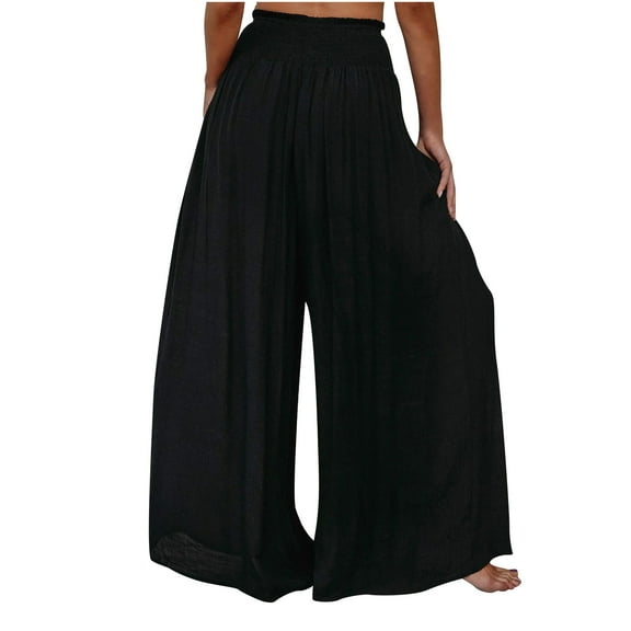 Lmnyox Wide Leg Flowy Pants for Women Elastic High Waist Trousers with Pocket Summer Loose Casual Palazzo Pants