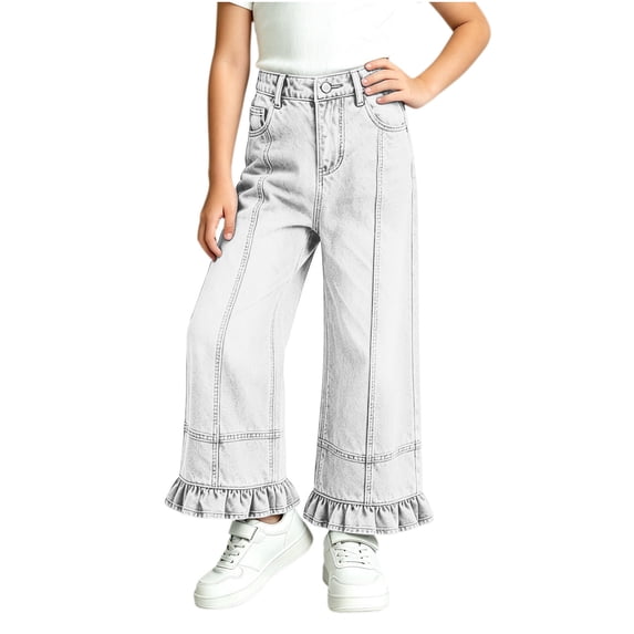 Lmnyox Wide Leg Jeans for Girls Baggy Cute Elastic Waist Denim Pants Teen Fashion Ruffle Jeans with Pockets