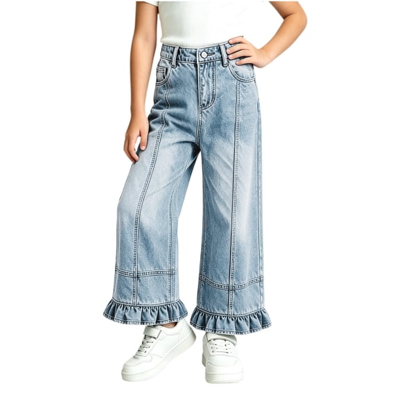 Lmnyox Wide Leg Jeans for Girls Baggy Cute Elastic Waist Denim Pants Teen Fashion Ruffle Jeans with Pockets