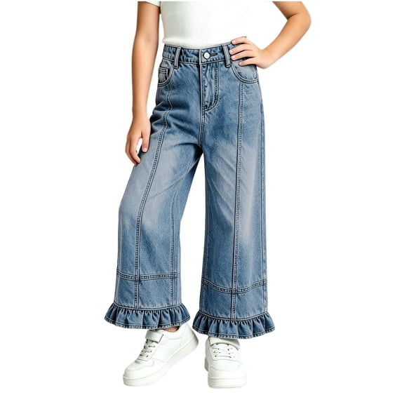 Lmnyox Wide Leg Jeans for Girls Baggy Cute Elastic Waist Denim Pants Teen Fashion Ruffle Jeans with Pockets
