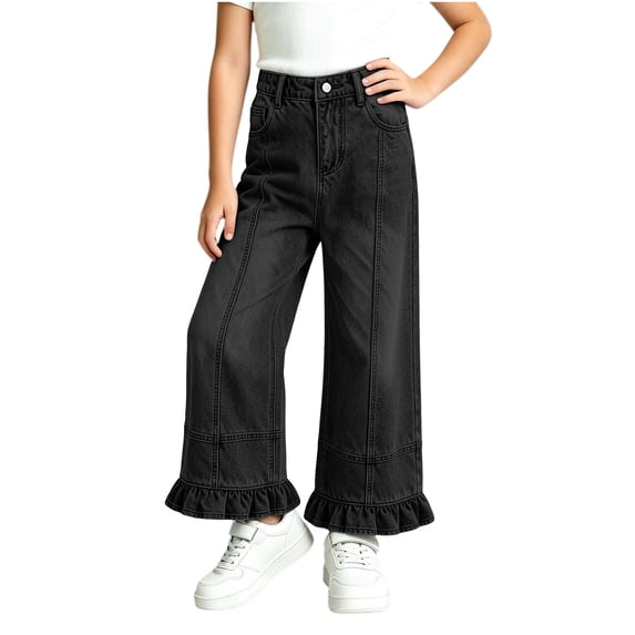 Lmnyox Wide Leg Jeans for Girls Baggy Cute Elastic Waist Denim Pants Teen Fashion Ruffle Jeans with Pockets