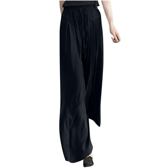 Lmnyox Wide Leg Pants for Women Elastic Waist Drawstring Pants Summer Vacation Lounge Pants with Pocket