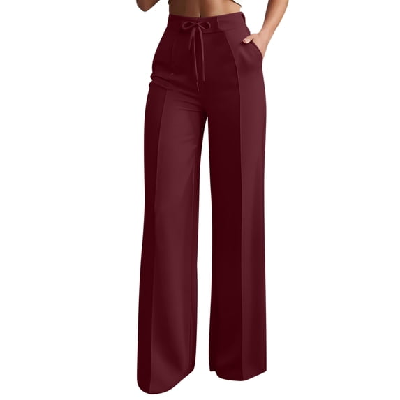 Lmnyox Wide Leg Pants for Women Fashion Solid Color High Waist Drawstring Pants Loose Dress Trousers with Pockets